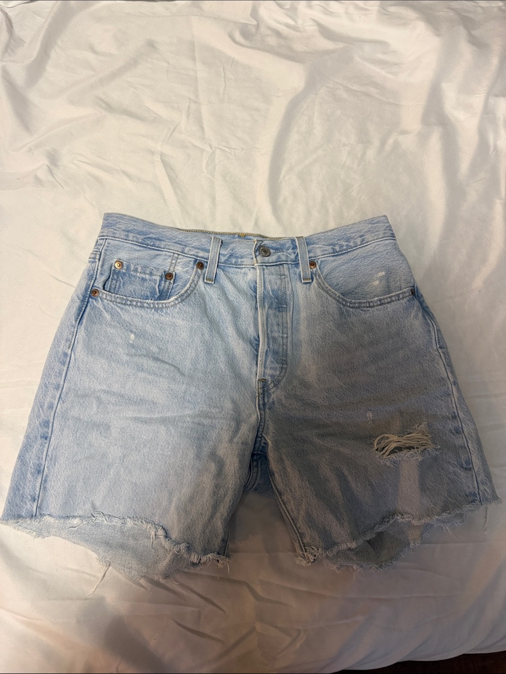 Levi's Light Blue Distressed High-Rise Denim Shorts